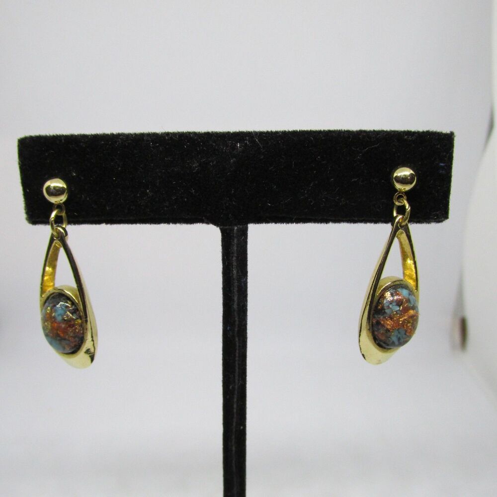 Vtg Rainbowflake 18KT Gold Plated Teardrop Dangle Earrings Faux Turquoise